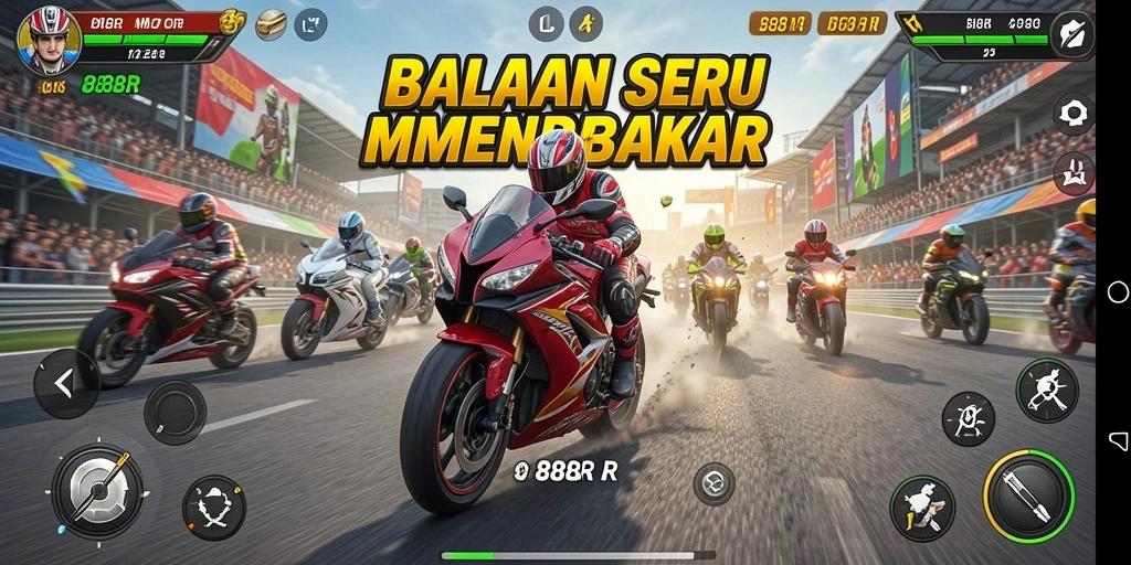 Tampilan gameplay 888R dengan balapan motor yang seru.