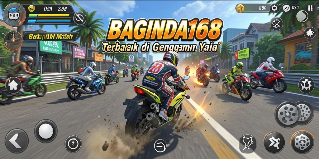 Screenshot utama BAGINDA168 menampilkan aksi balapan motor yang mendebarkan.