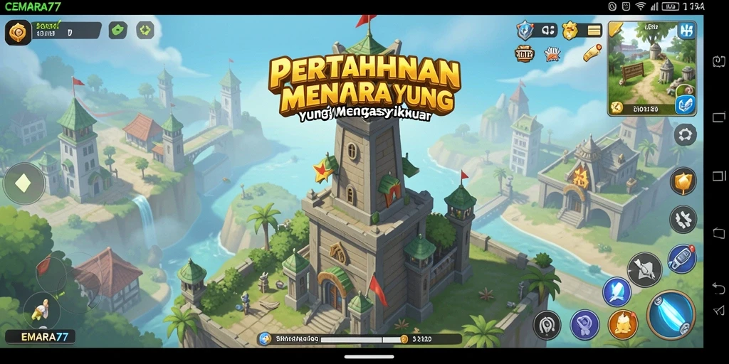 Tampilan gameplay menarik dari CEMARA77 dengan berbagai menara pertahanan.