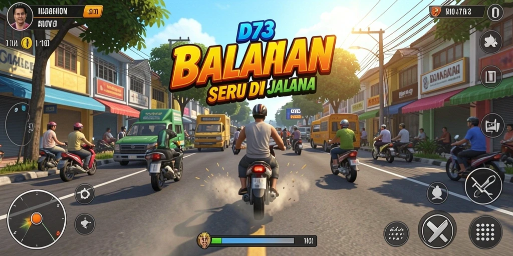 Tampilan gameplay menegangkan D73 dengan mobil balap yang melaju cepat.