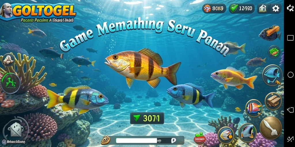 Screenshot gameplay GOLTOGEL dengan karakter utama sedang memancing.