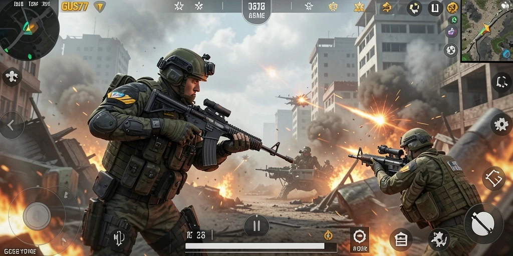Gameplay GUS77 yang seru dengan aksi tembak-menembak.