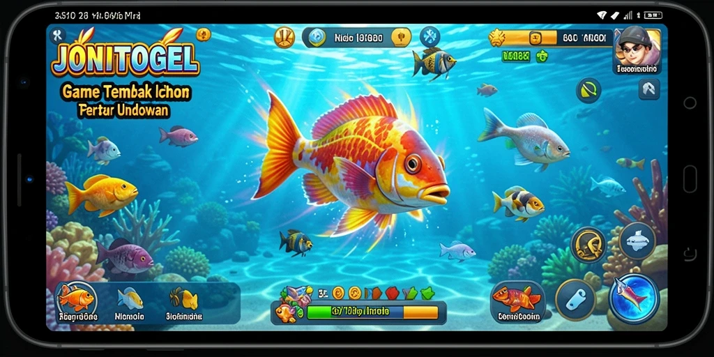 Tampilan gameplay seru JONITOGEL dengan berbagai ikan yang menunggu untuk ditangkap.