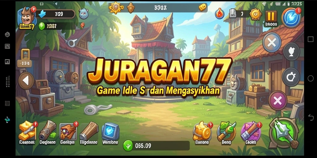 Tampilan permainan JURAGAN77 dengan berbagai opsi bisnis dan upgrade.