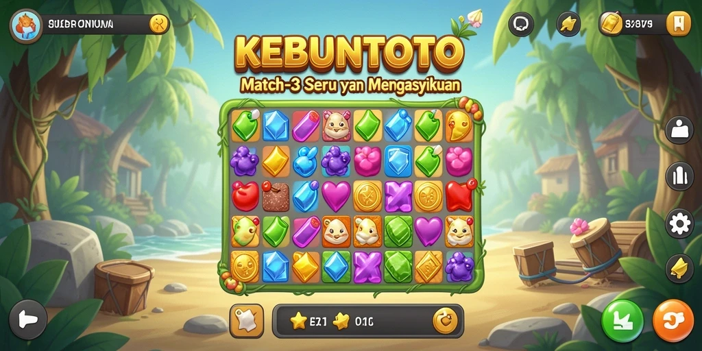 Visual gameplay KEBUNTOTO dengan kombinasi permata yang menakjubkan.