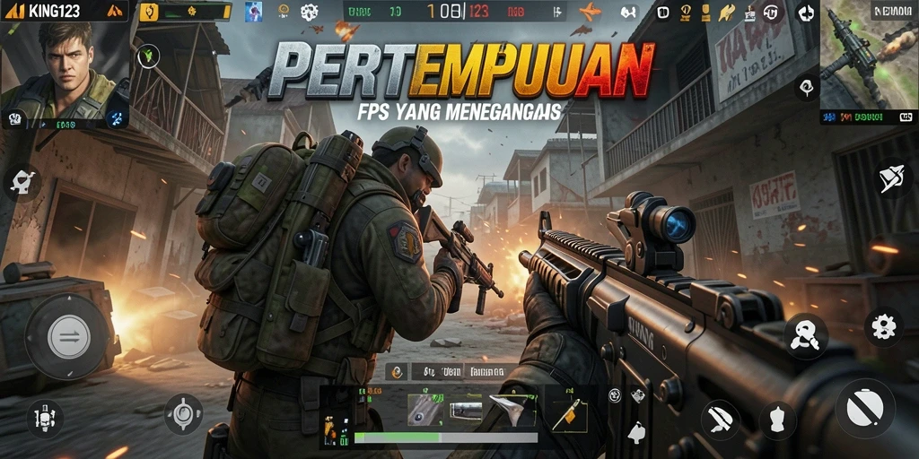 Screenshot KING123 menampilkan aksi pertempuran FPS yang intens.