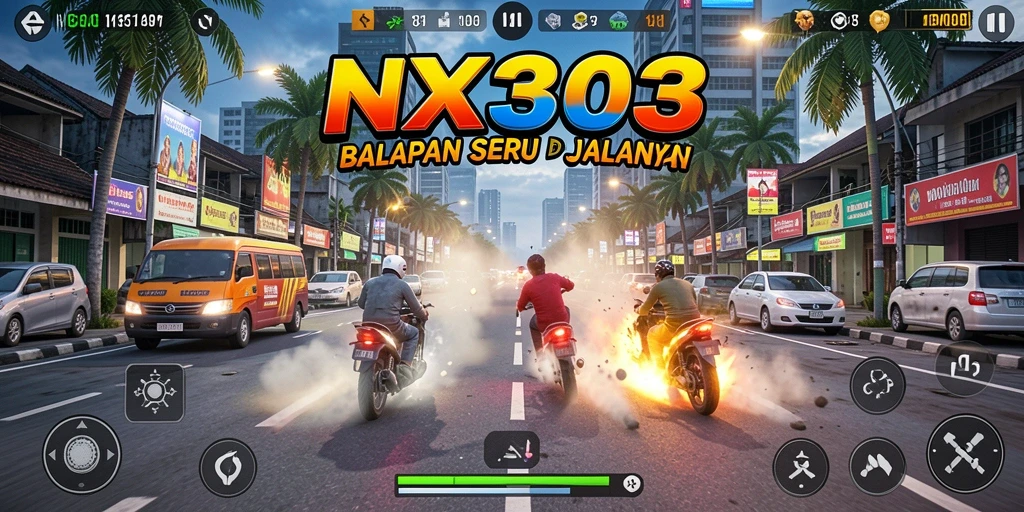 Screenshot gameplay NX303 menampilkan aksi balap mendebarkan.