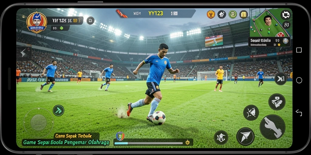 Screenshot gameplay YY123 menampilkan aksi seru di lapangan sepak bola.